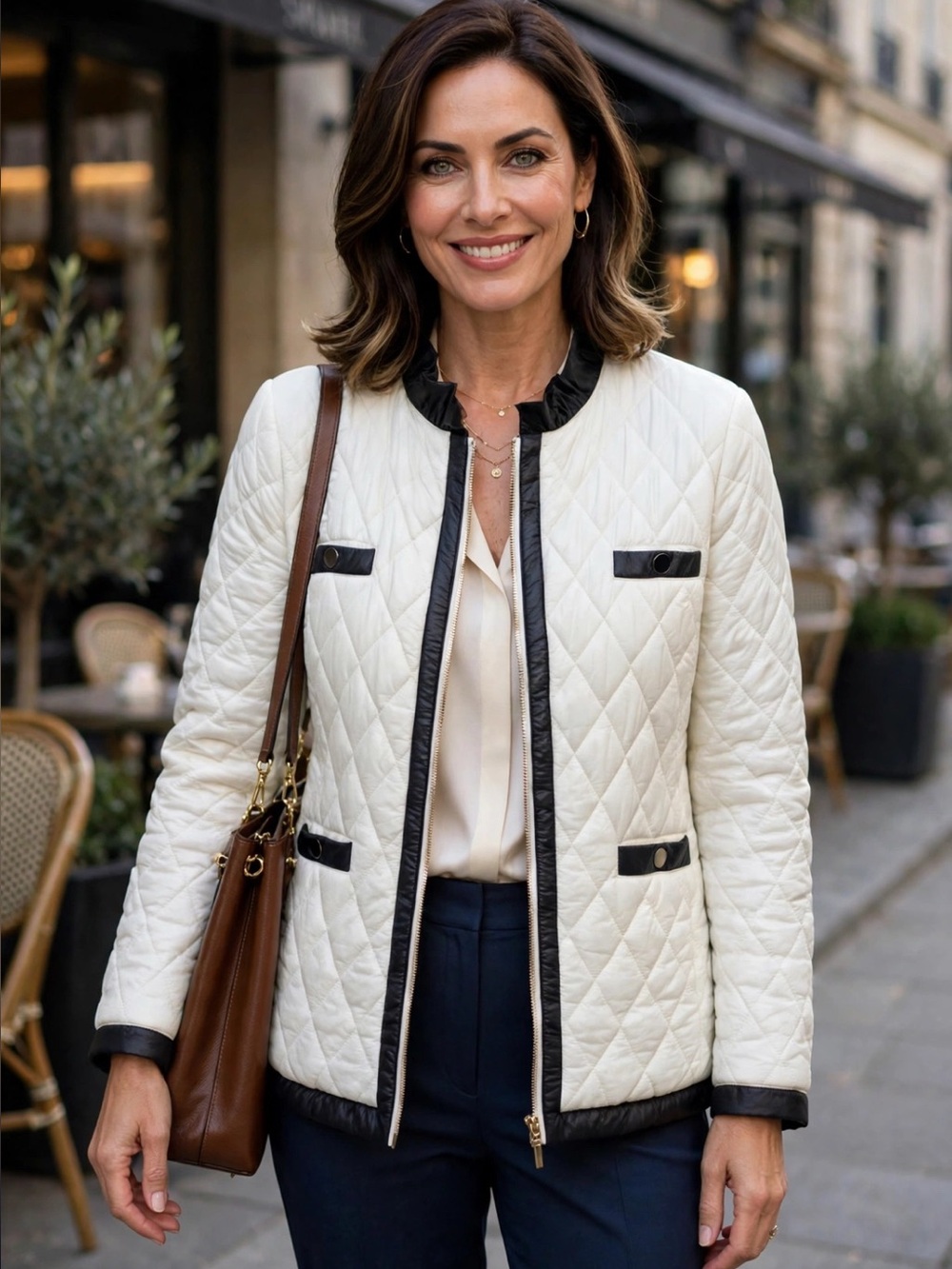 Patty Kim || Ruffle Detail Quilted Jacket Coat White Black with Gold Snaps XL